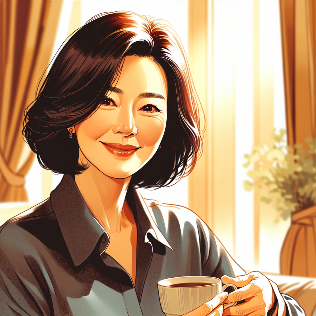 햇살 좋은 창가에서 따뜻한 차를 마시며 편안하게 미소짓는 50대 여성