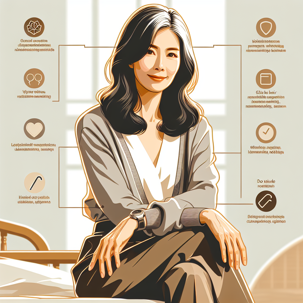 침대에 앉아 허리를 손으로 짚으며 피로한 표정의 중년 여성