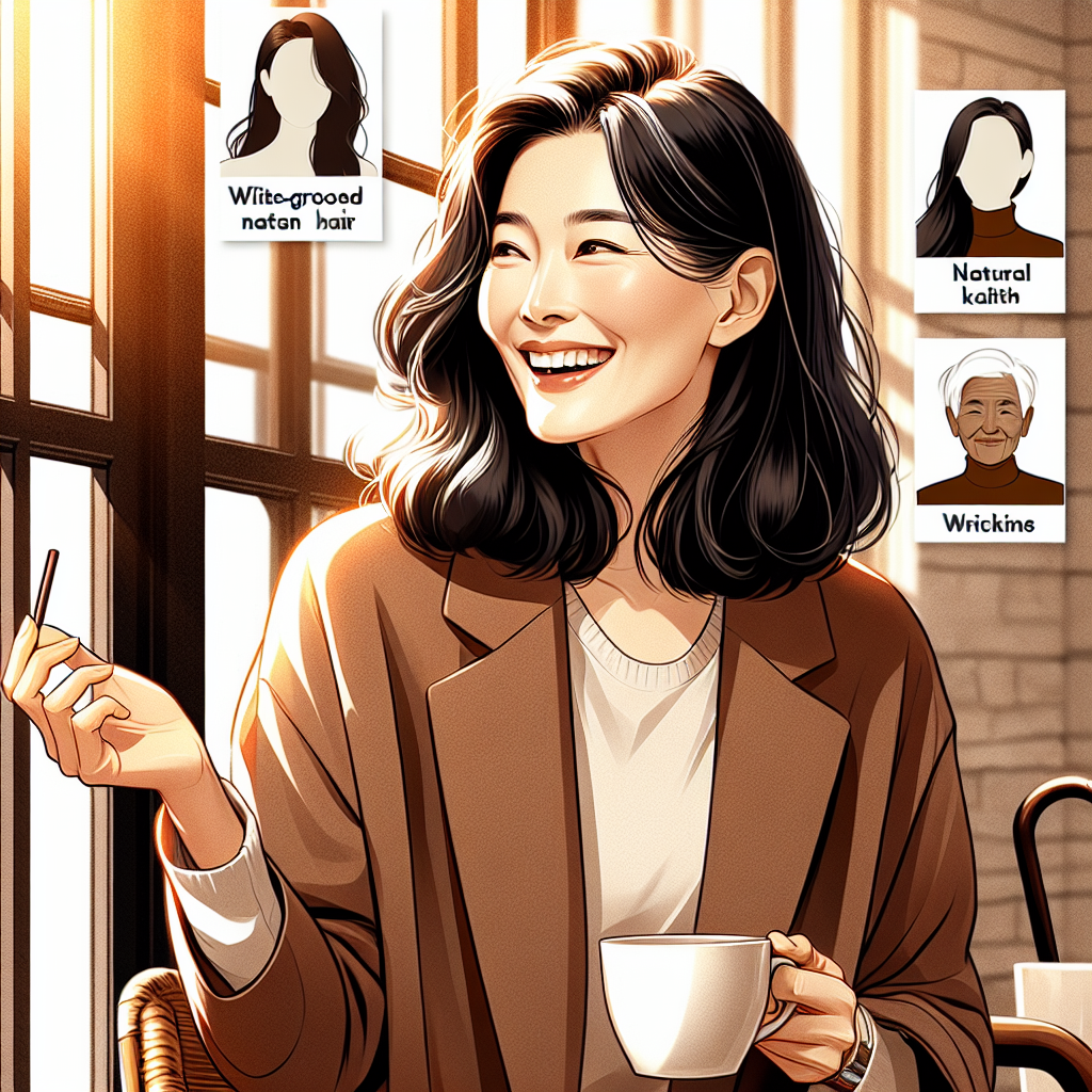 차 한 잔을 들고 창가에서 여유롭게 웃는 중년 여성