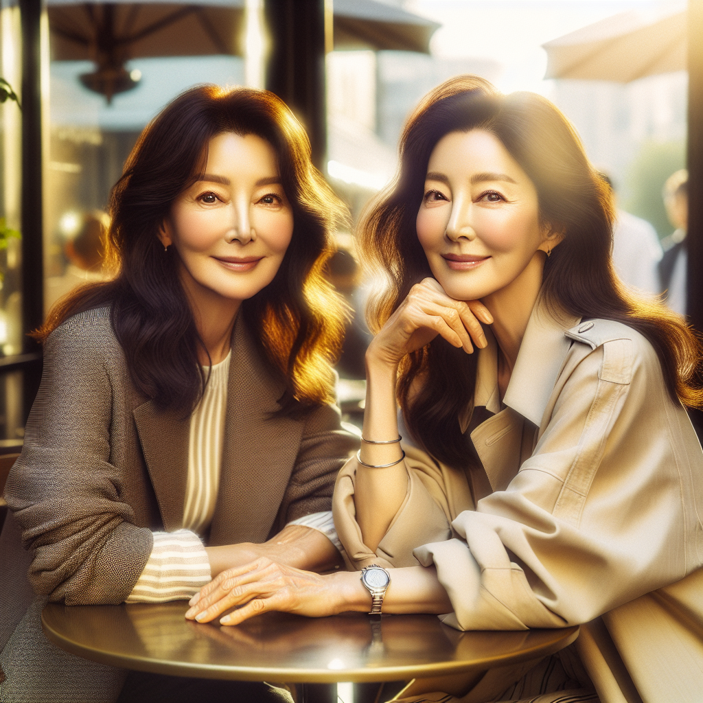 따뜻한 햇살 아래 카페 테이블에 앉아 대화 나누는 50대 여성 둘